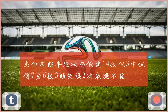 杰伦布朗半场状态低迷14投仅3中仅得7分6板3助失误2次表现不佳